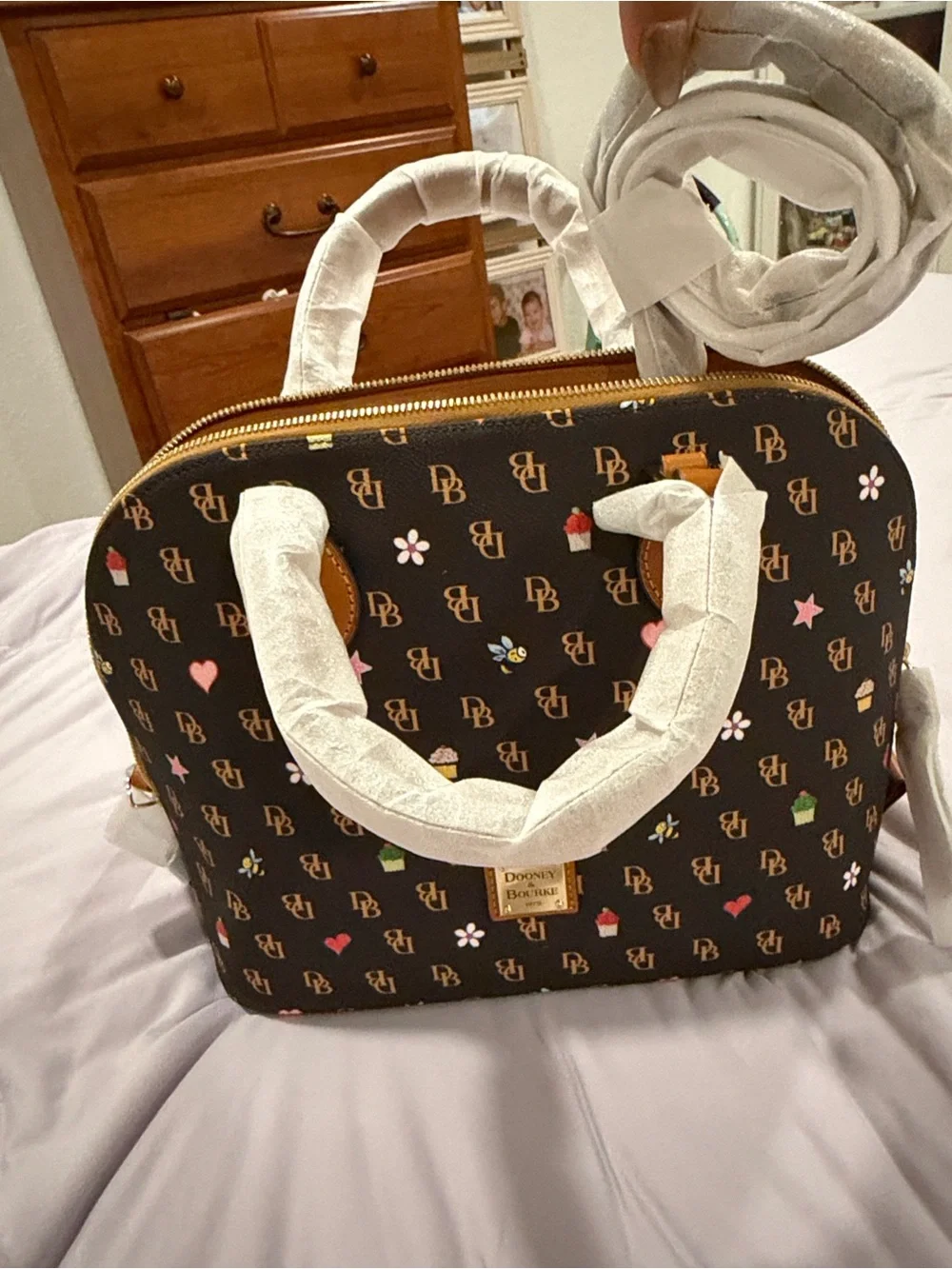 Dooney & Bourke Black Logo Dome Satchel with Colorful Cupcake & Heart Print. New